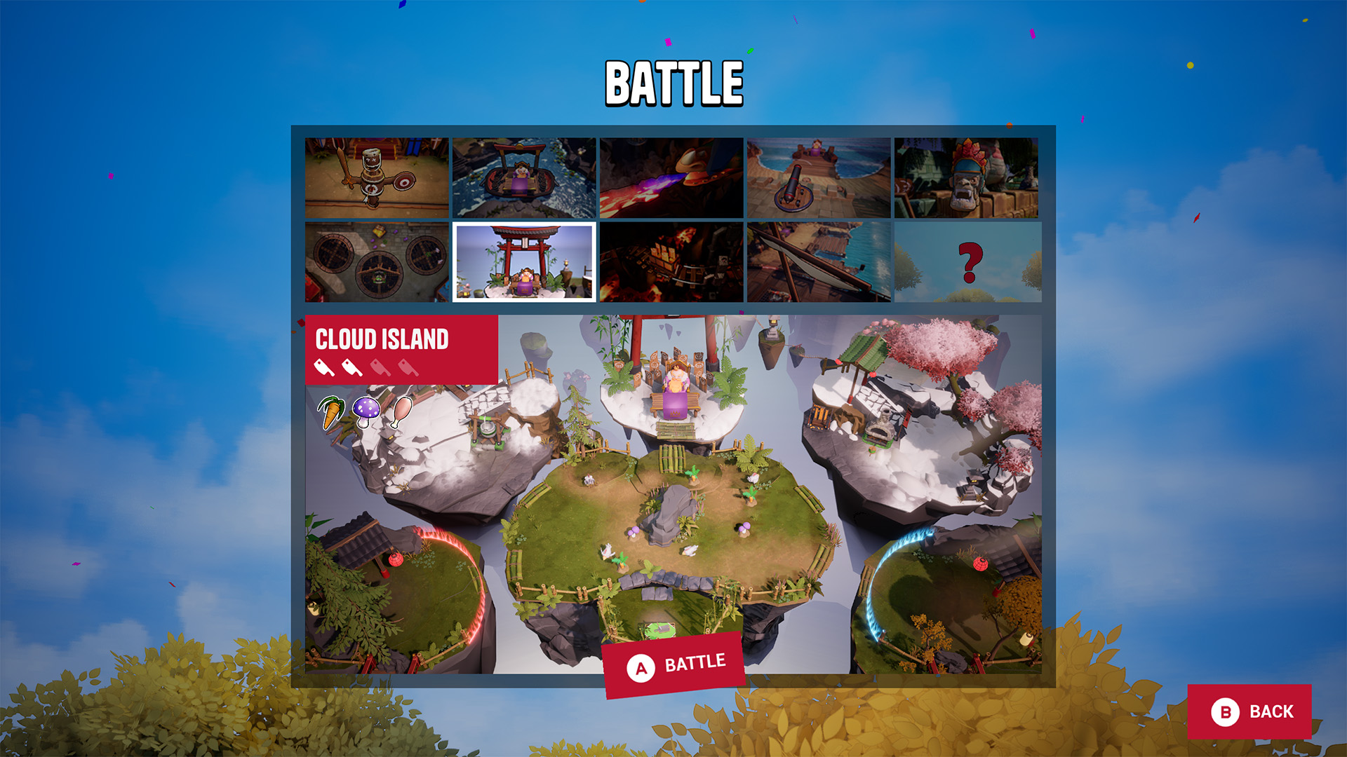 Arena select screen featuring Cloud Island